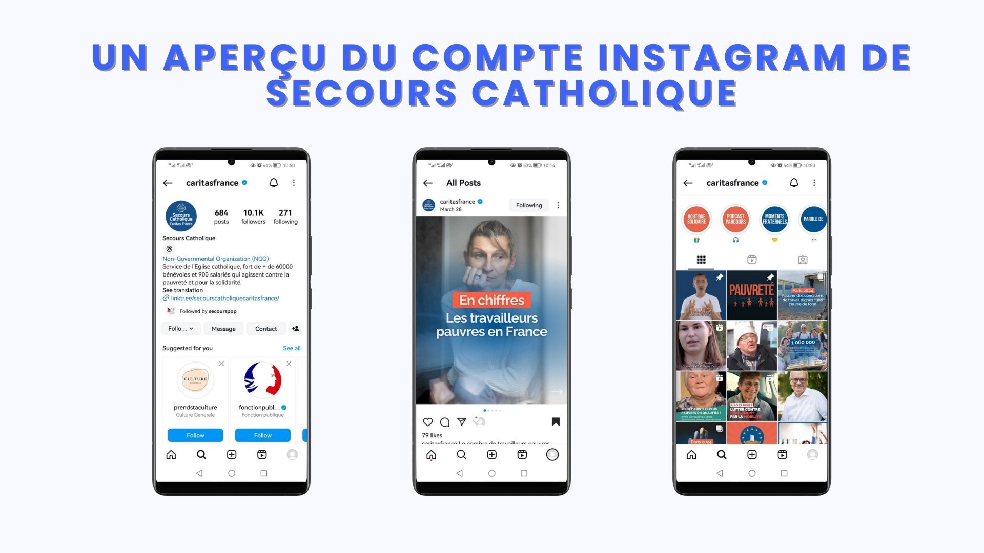 image de trois écrans mobile montrant le contenu du compte Instagram de Secours catholique français