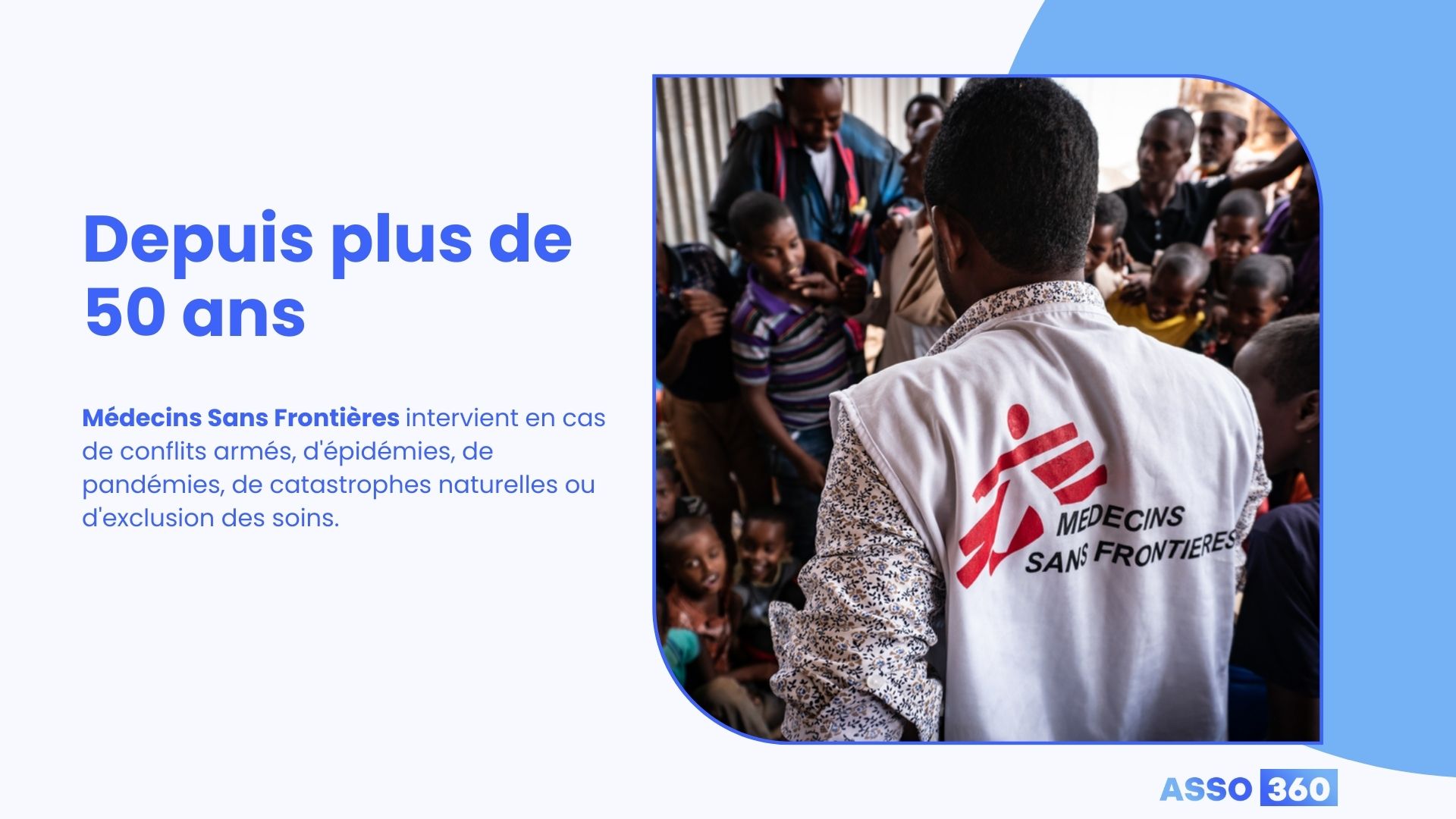 illustration d’un intervenant de Médecins Sans Frontières sur le terrain avec la population locale et du texte à gauche