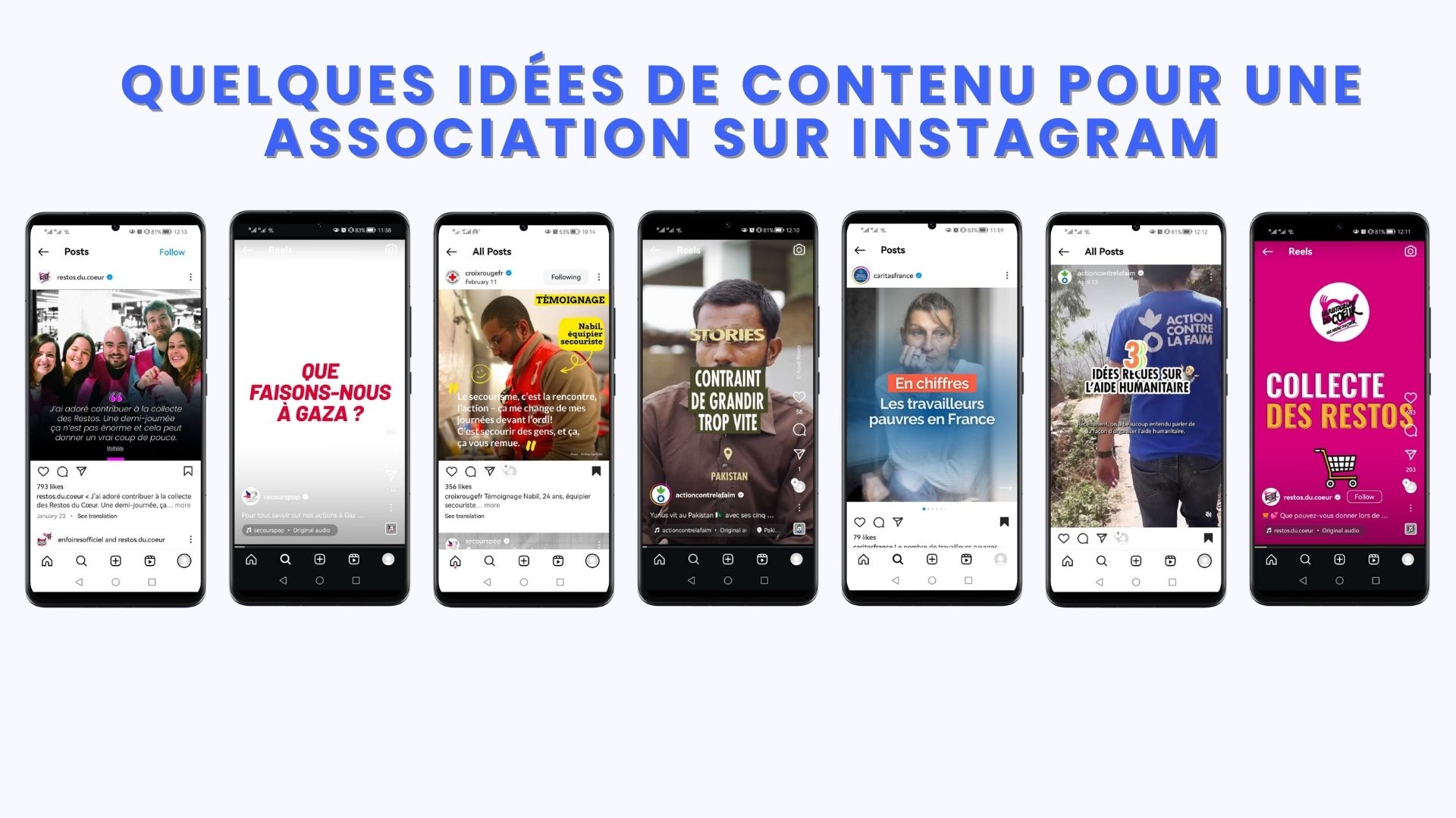 image de 7 écrans mobile montrant des exemples de contenu Instagram pour les associations