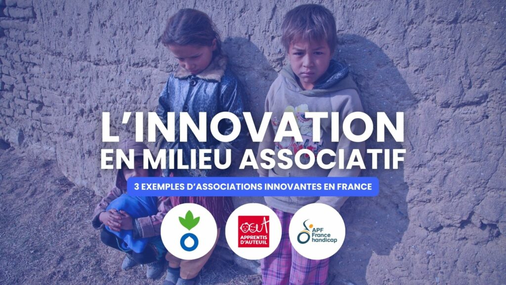 photographie d'enfants vivant en situation précaire avec un titre au centre et le logo de trois associations innovantes en France