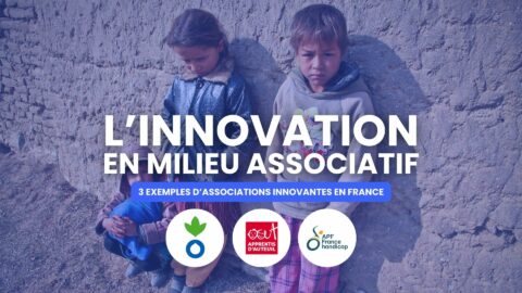 photographie d'enfants vivant en situation précaire avec un titre au centre et le logo de trois associations innovantes en France