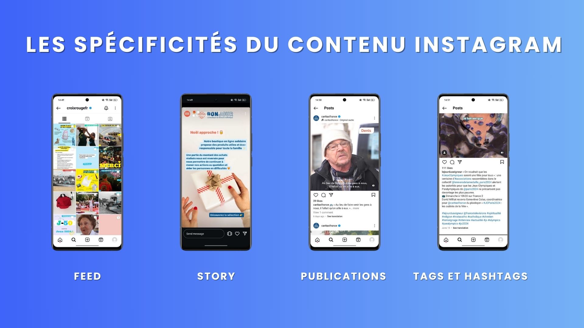 image de quatre écrans mobile montrant les spécificités d’Instagram